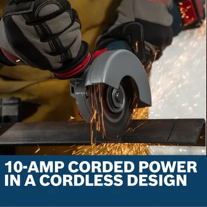 Image of worker using the Bosch GWS18V-11SN 18V 4-1/2 5 In. Angle Grinder to cut a metal plate.