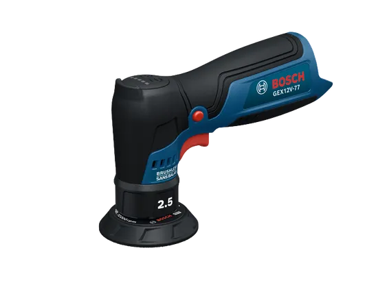 The Bosch GEX12V-77 12V Cordless Automotive Sander in a product image dynamic view on a white background.