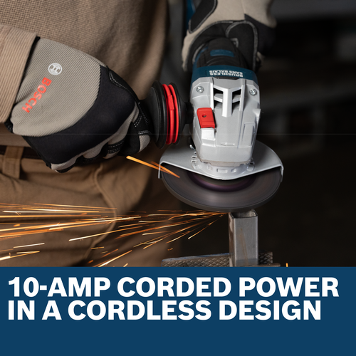 Image of worker grinding a metal with a Bosch GWS18V-11PSN 18V 4-1/2 - 5 In. Angle Grinder.