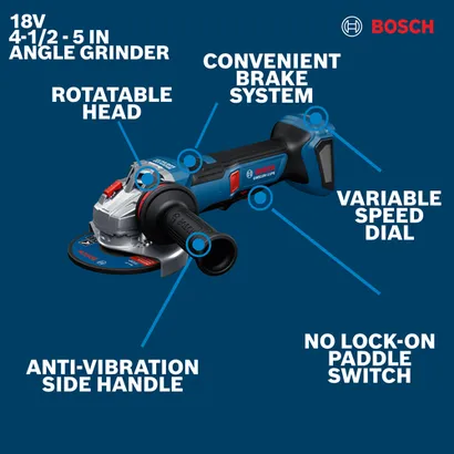 Image of Bosch GWS18V-11PSN 18V 4-1/2 - 5 In. Angle Grinder on a walkaround view.