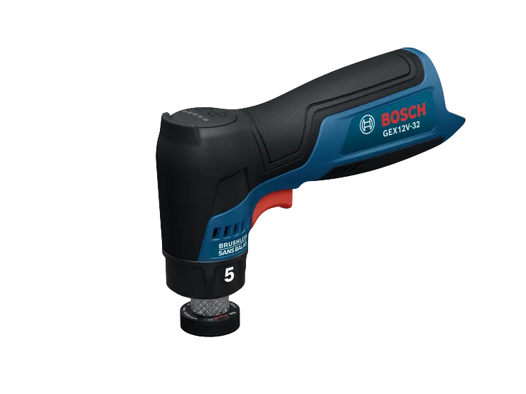 The Bosch GEX12V-32 12V Cordless Automotive Sander in a product image dynamic view on a white background.