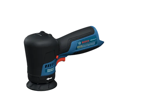 The Bosch GPO12V-77 Automotive Cordless Polisher in a product image dynamic view on a white background.
