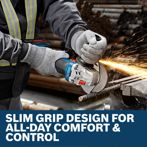 Image of worker using the Bosch GWS18V-8-2 18V 4-1/2 In. Angle Grinder for grinding a rebar metal.