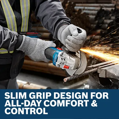 Image of worker using the Bosch GWS18V-8-2 18V 4-1/2 In. Angle Grinder for grinding a rebar metal.