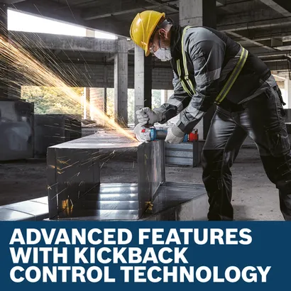 Image of worker using the Bosch GWS18V-8-2 18V 4-1/2 In. Angle Grinder for grinding a metal plate.