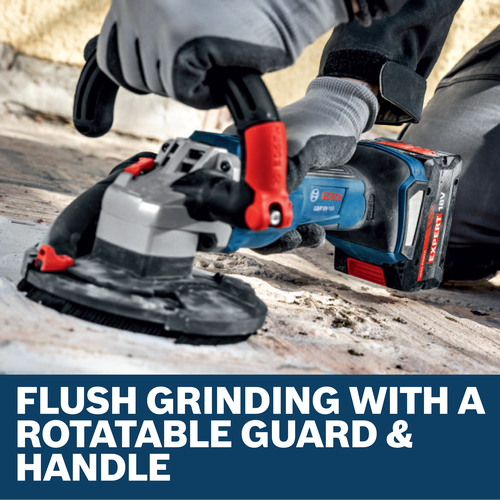 Image of worker using the Bosch GBR18V-15SN18X 5 In. 18V Concrete Surface Grinder on the concrete floor.