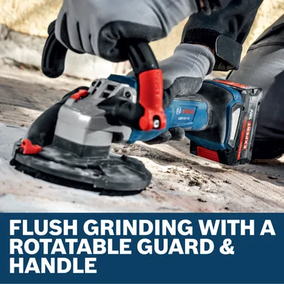 Image of worker using the Bosch GBR18V-15SN18X 5 In. 18V Concrete Surface Grinder on the concrete floor.