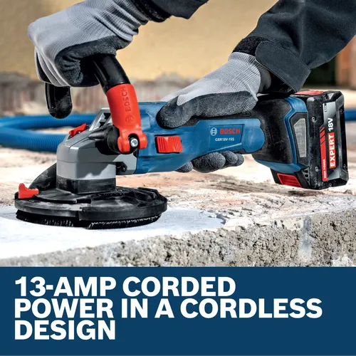 Image of worker using the Bosch GBR18V-15SN18X 5 In. 18V Concrete Surface Grinder on the concrete floor.