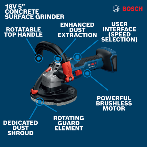 Image of Bosch GBR18V-15SN18X 5 In. 18V Concrete Surface Grinder on a walkaround view.