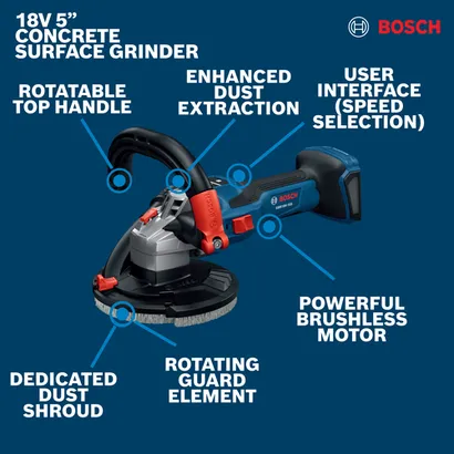 Image of Bosch GBR18V-15SN18X 5 In. 18V Concrete Surface Grinder on a walkaround view.