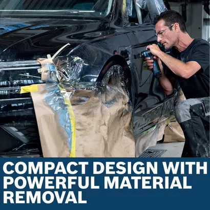 Image of worker using the Bosch GEX12V-32N 12V 1-1/4 In. Random Orbital Sander for finishing a car.