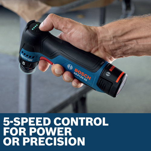 Image of worker speeding up the Bosch GEX12V-32N 12V 1-1/4 In. Random Orbital Sander for finishing a car.