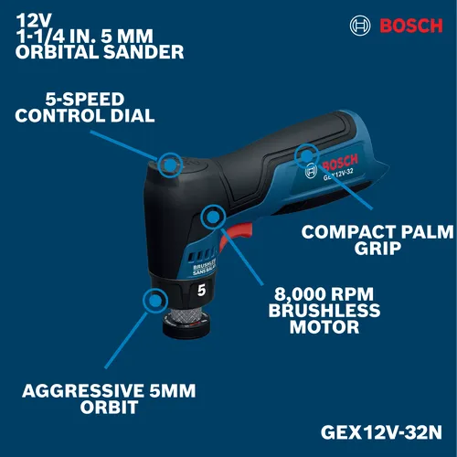 Image of Bosch GEX12V-32N 12V 1-1/4 In. Random Orbital Sander on a walkaround view.