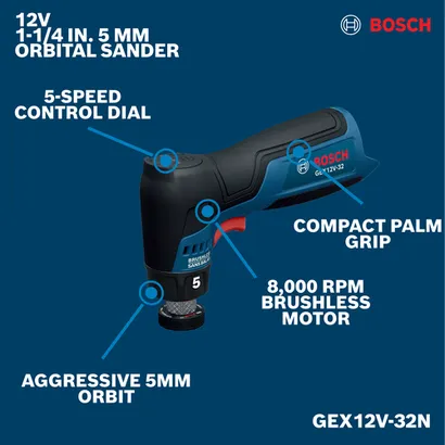 Image of Bosch GEX12V-32N 12V 1-1/4 In. Random Orbital Sander on a walkaround view.