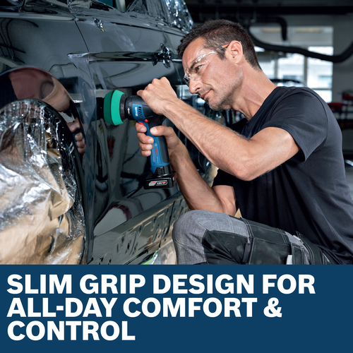 Image of worker using the  Bosch GPO12V-77N 12V Compact 3 In. Rotary Polisher for finishing a car.
