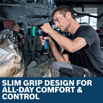 Image of worker using the  Bosch GPO12V-77N 12V Compact 3 In. Rotary Polisher for finishing a car.