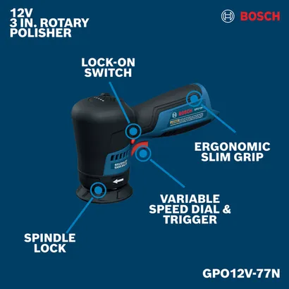 Image of Bosch GPO12V-77N 12V Compact 3 In. Rotary Polisher on a walkaround view.