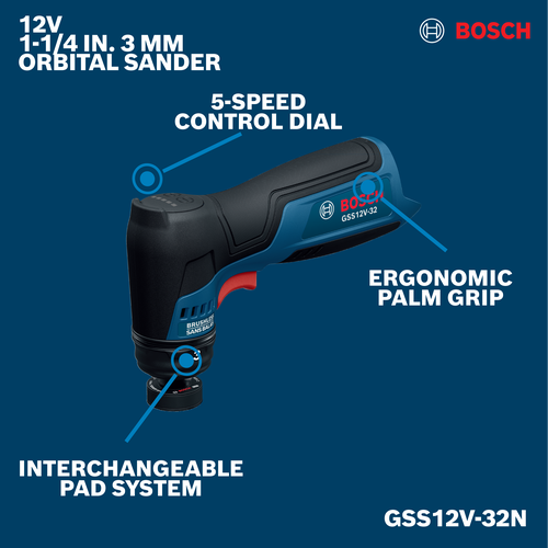 Image of Bosch GSS12V-32N 12V Compact 1-1/4 In Orbital Sander on a walkaround view.