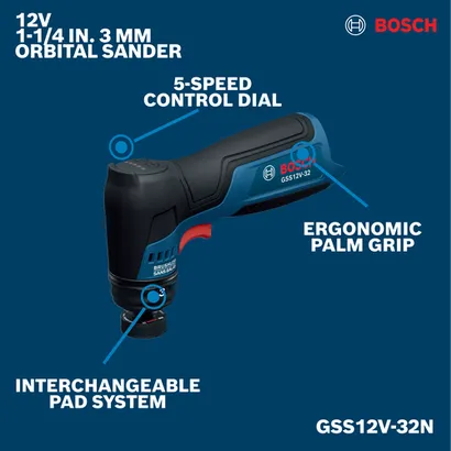 Image of Bosch GSS12V-32N 12V Compact 1-1/4 In Orbital Sander on a walkaround view.