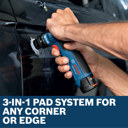 Image of worker using the Bosch GSS12V-32N 12V Compact 1-1/4 In Orbital Sander for finishing a car.