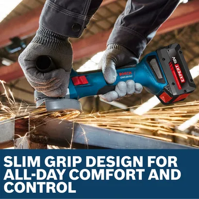 Image of worker grinding the metal plate with a Bosch GWX18V-8-2N 18V X-LOCK 4-1/2 In. Angle Grinder.
