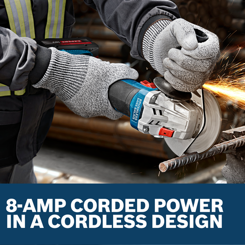 Image of worker cutting the rebar with a Bosch GWX18V-8-2N 18V X-LOCK 4-1/2 In. Angle Grinder.