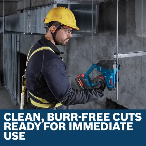 Worker using a Bosch GGC18V-12 to cut threaded rod that is inserted into a concrete wall.