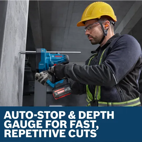 Worker using a Bosch GGC18V-12 to cut threaded rod that is inserted into a concrete wall.