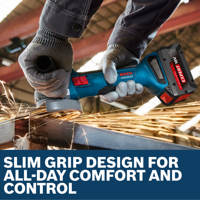 Image of worker grinding the metal plate with a Bosch GWX18V-8-2N 18V X-LOCK 4-1/2 In. Angle Grinder.