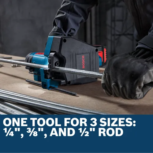 Image of worker using the Bosch GGC18V-12N 18V Threaded Rod Cutter to cut a metal bar.