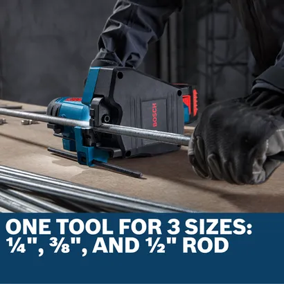 Image of worker using the Bosch GGC18V-12N 18V Threaded Rod Cutter to cut a metal bar.