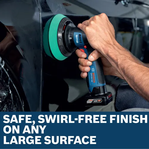 Image of worker using the Bosch GPX12V-125N 12V 5 In. Random Orbital Polisher for finishing the car.