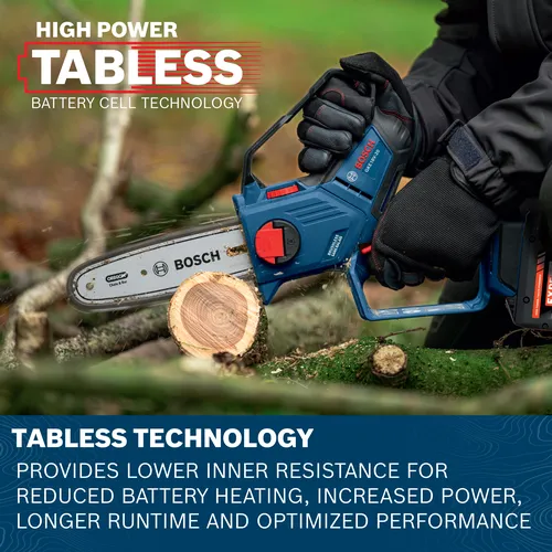 Image of worker using the Bosch GKE18V-20 18V Cordless Pruning Saw to cut a branch in the woods.