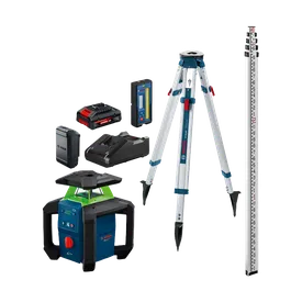 Image of a combo kit from Bosch GRL18V-34K 18V Green-Beam Horizontal/Vertical Rotary Laser with battery, charger and tripod.