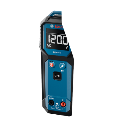 Bosch GVT600-13 contact voltage tester product image with screen on and on white background.