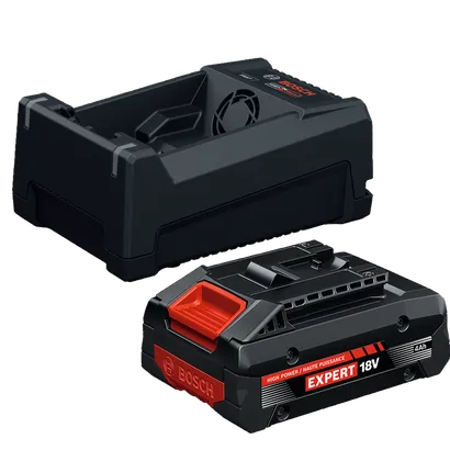 Image Dynamic of Bosch GXS18V-25N14X 18V Starter Kit with Expert 18V High Power Battery and Multi-Voltage Fast Charger.
