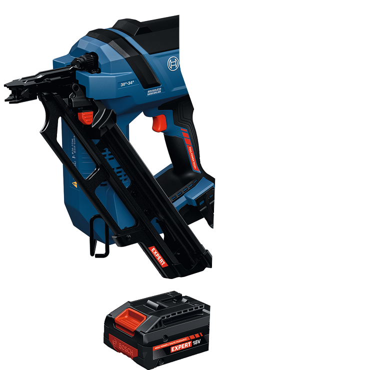 Image Dynamic of Bosch EXNH18V-90MDB14 EXPERT Framing Nailer Kit on a white background.