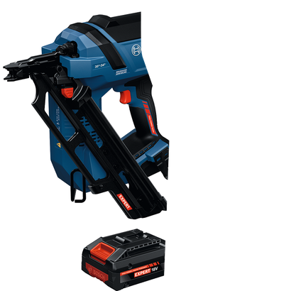 Image Dynamic of Bosch EXNH18V-90MDB14 EXPERT Framing Nailer Kit on a white background.