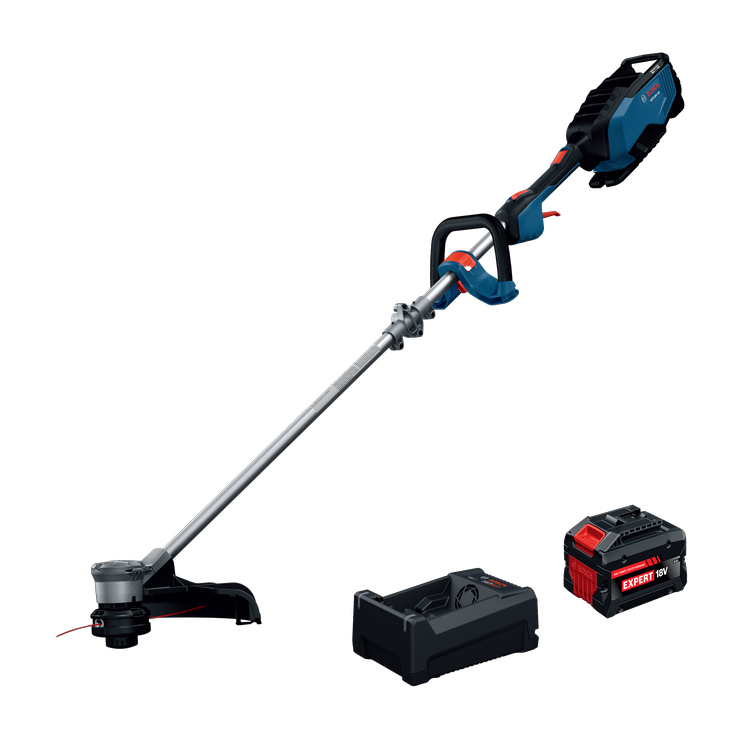 The Bosch GRT18V-40N18X 18V String Trimmer Kit w/ 8Ah Battery & 12V/18V Charger in the product image dynamic.