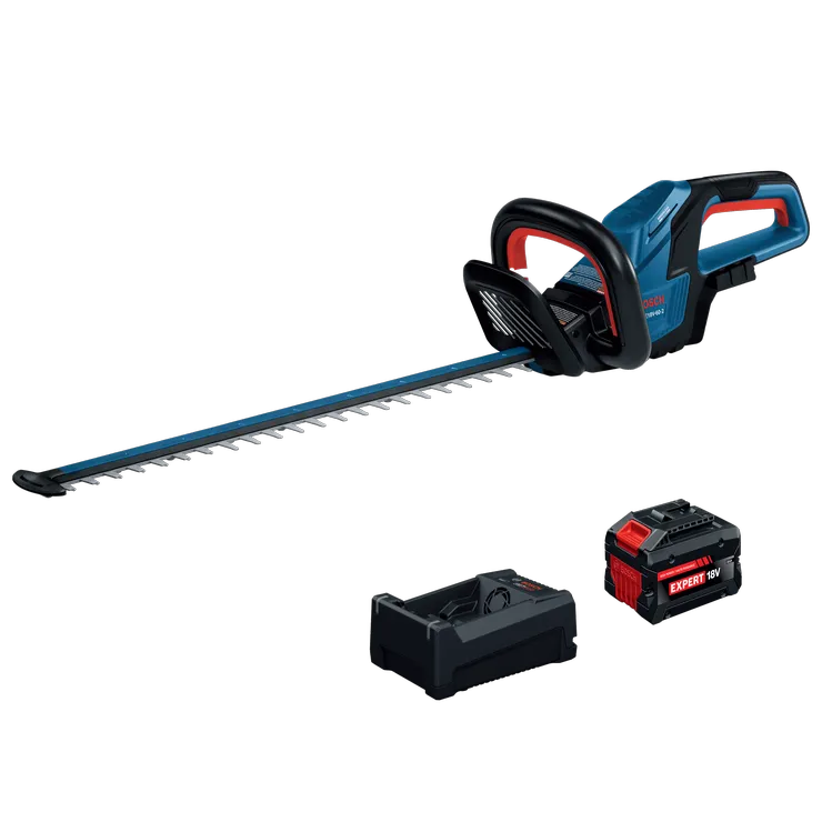 The Bosch GHE18V-60-2N18X 18V 24 In. Cordless Hedge Trimmer Kit in a product image dynamic view.