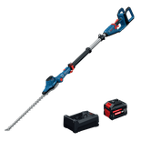 Bosch GHE18V-50TPN18X 18V 20 In. Pole Hedge Trimmer Kit shown with the hedge trimmer, 18V 8 Ah Expert Battery and charger.