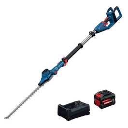 Bosch GHE18V-50TPN18X 18V 20 In. Pole Hedge Trimmer Kit shown with the hedge trimmer, 18V 8 Ah Expert Battery and charger.