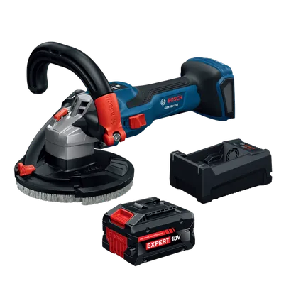 Bosch GBR18V-15SN18X 5 In. 18V Concrete Surface Grinder kit showing grinder, 8 Ah Expert 18V battery and battery charger.