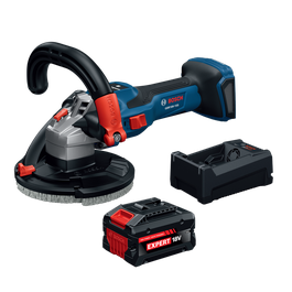 Bosch GBR18V-15SN18X 5 In. 18V Concrete Surface Grinder kit showing grinder, 8 Ah Expert 18V battery and battery charger.