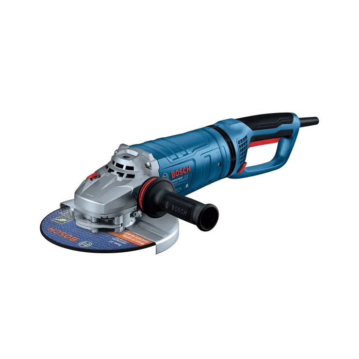 Bosch GWS22-230JR 9 In. Large Angle Grinder shown in a dynamic view on white background.