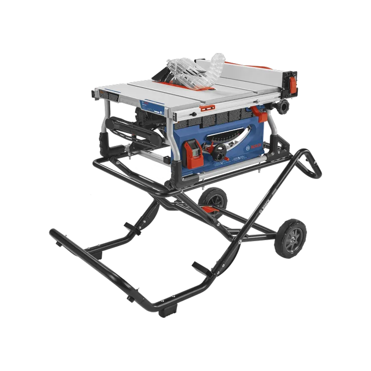 Product Image Dynamic of Bosch GTS15-10 10 In. Jobsite Table Saw with Gravity-Rise Wheeled Stand on a white background.