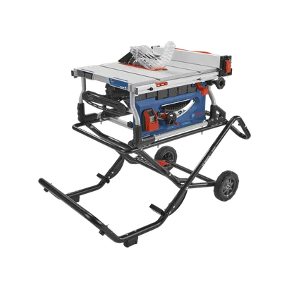 Product Image Dynamic of Bosch GTS15-10 10 In. Jobsite Table Saw with Gravity-Rise Wheeled Stand on a white background.