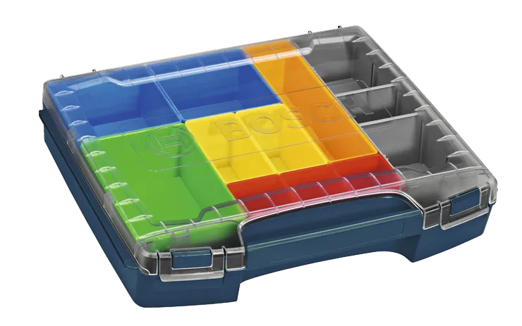 Product Image Dynamic of Bosch i-BOXX72-10 multi-compartment storage box with a clear lid and various colored dividers.