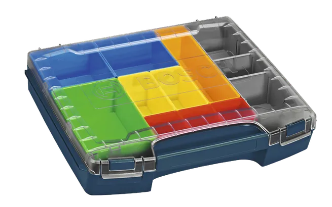Product Image Dynamic of Bosch i-BOXX72-10 multi-compartment storage box with a clear lid and various colored dividers.