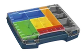 Product Image Dynamic of Bosch i-BOXX72-10 multi-compartment storage box with a clear lid and various colored dividers.